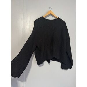 Boho Whimsigoth Prairie Scallop Neck Small Tie Back Sweater Bell Sleeve Oversize